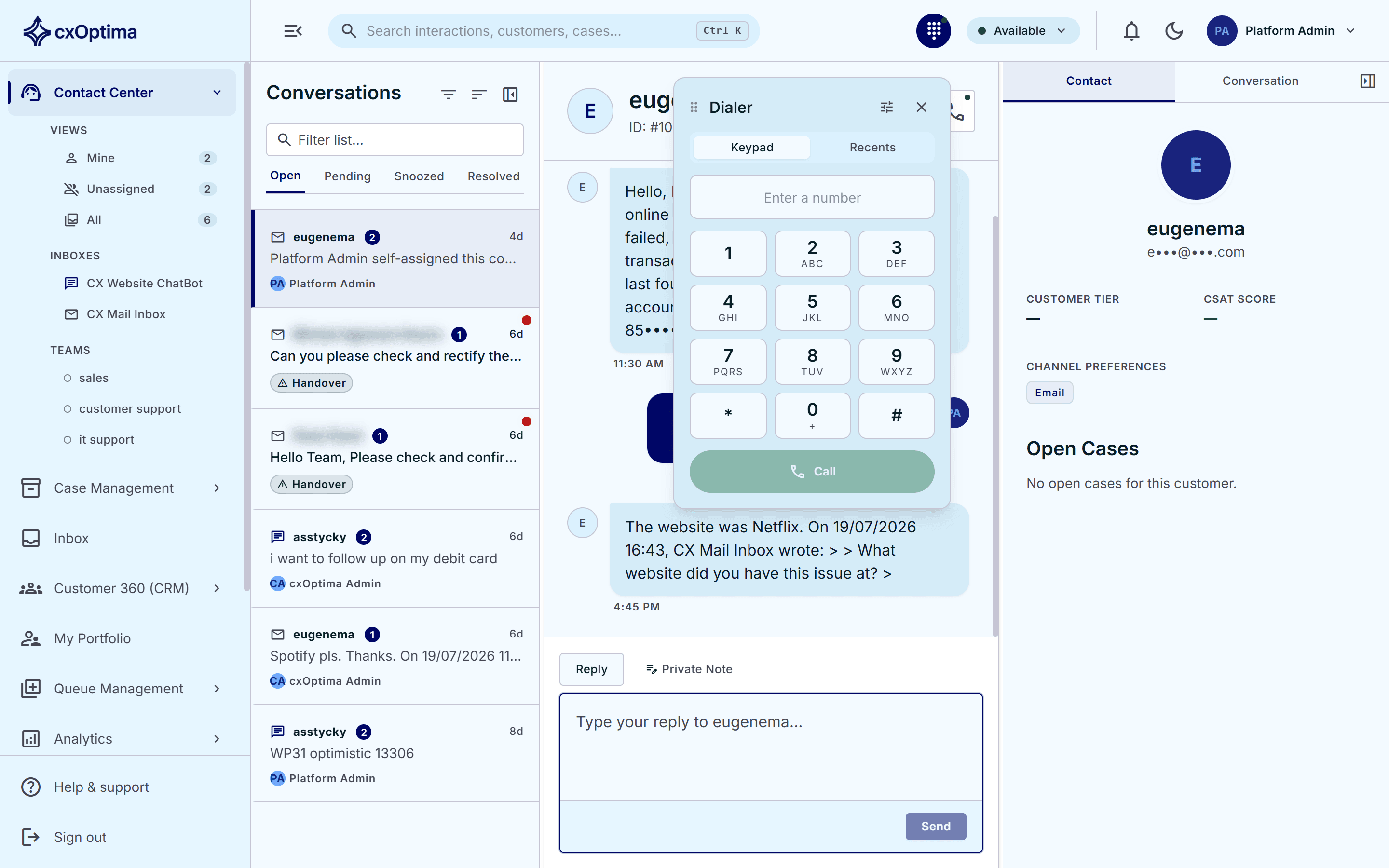 cxOptima in-browser softphone dialer in the agent desktop