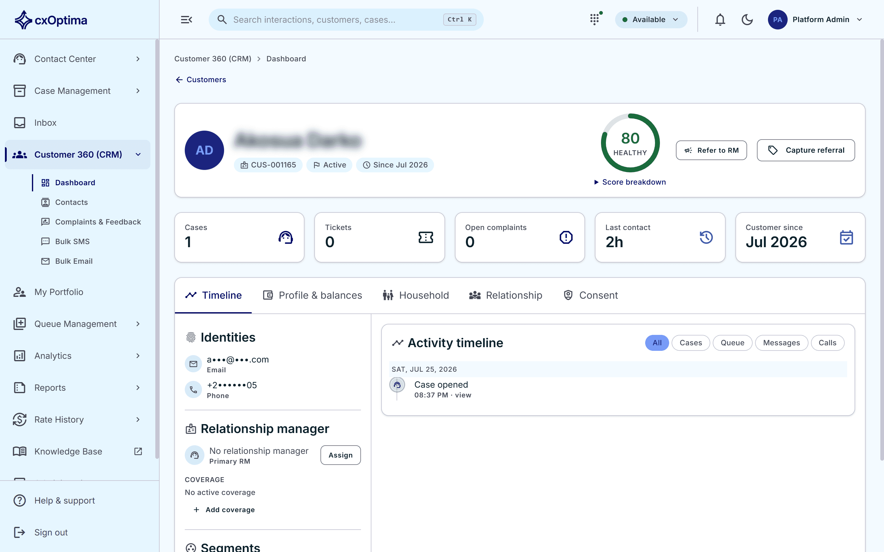 cxOptima customer record with activity timeline
